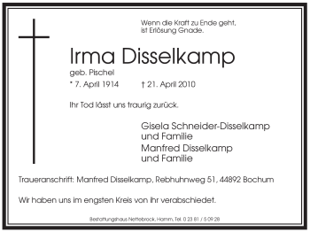 Todesanzeige von Irma Disselkamp von WESTFÄLISCHER ANZEIGER