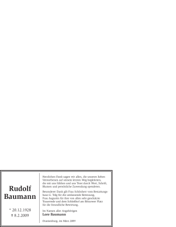 Todesanzeige von Rudolf Baumann von WESTFÄLISCHER ANZEIGER