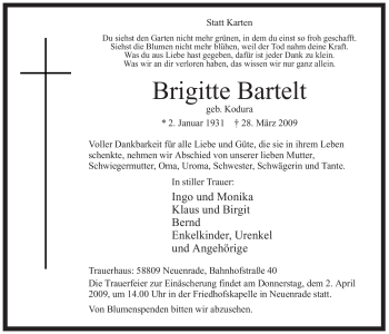 Todesanzeige von Brigitte Bartelt von WESTFÄLISCHER ANZEIGER