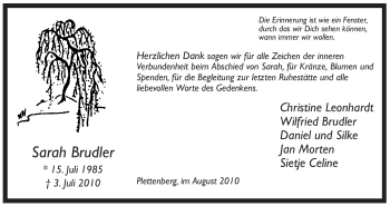 Todesanzeige von Sarah Budler von WESTFÄLISCHER ANZEIGER