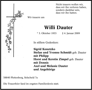 Todesanzeige von Willi Dauter von WESTFÄLISCHER ANZEIGER