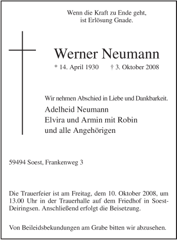 Todesanzeige von Werner Neumann von WESTFÄLISCHER ANZEIGER