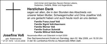 Todesanzeige von Josefine Voß von WESTFÄLISCHER ANZEIGER