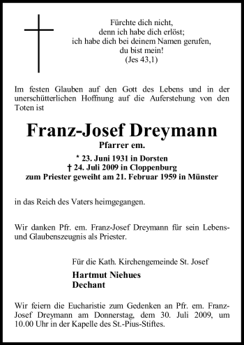 Todesanzeige von Franz-Josef Dreymann von WESTFÄLISCHER ANZEIGER