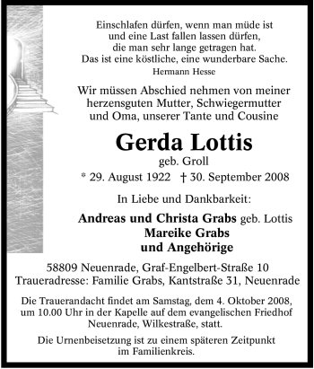 Todesanzeige von Gerda Lottis von WESTFÄLISCHER ANZEIGER