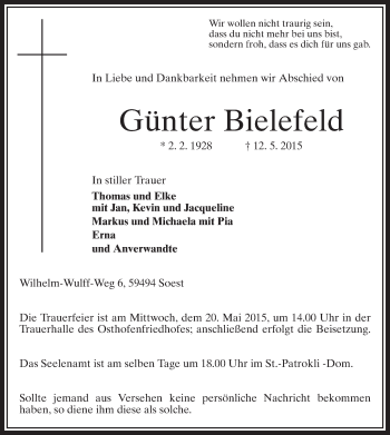 Todesanzeige von Günter Bielefeld von MZV