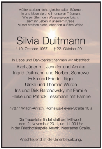 Todesanzeige von Silvia Duitmann von WESTFÄLISCHER ANZEIGER