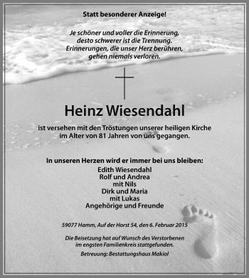 Todesanzeige von Heinz Wiesendahl von MZV