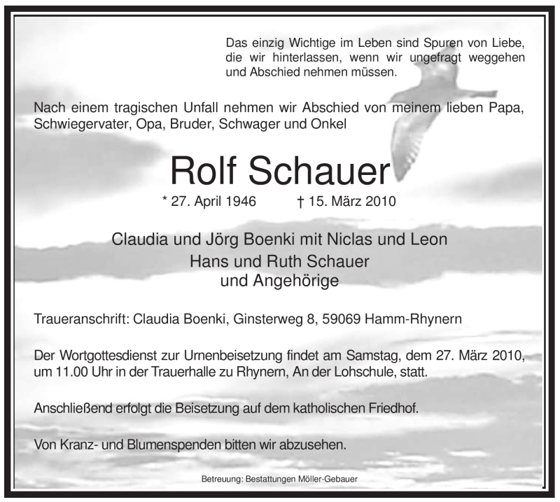  Traueranzeige für Rolf Schauer vom 24.03.2010 aus WESTFÄLISCHER ANZEIGER