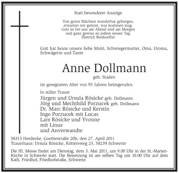 Todesanzeige von Anne Dollmann von WESTFÄLISCHER ANZEIGER