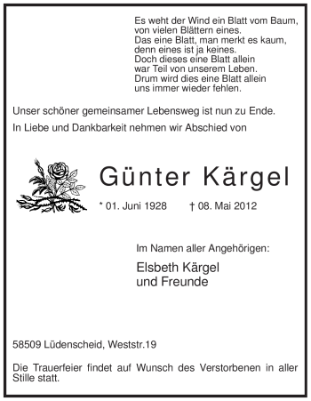 Todesanzeige von Günter Kärgel von WESTFÄLISCHER ANZEIGER