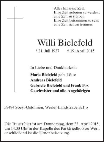Todesanzeige von Willi Bielefeld von MZV