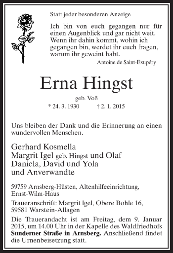 Todesanzeige von Erna Hingst von MZV