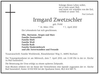Todesanzeige von Irmgard Zwetzschler von WESTFÄLISCHER ANZEIGER