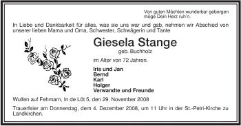 Todesanzeige von Giesela Stange von WESTFÄLISCHER ANZEIGER