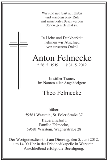 Todesanzeige von Anton Felmecke von WESTFÄLISCHER ANZEIGER