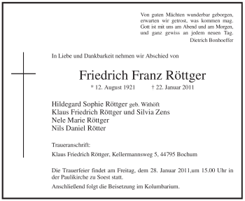 Todesanzeige von Friedrich Franz Röttger von WESTFÄLISCHER ANZEIGER
