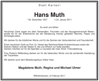 Todesanzeige von Hans Muth von WESTFÄLISCHER ANZEIGER