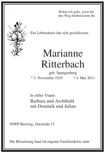 Todesanzeige von Marianne Ritterbach von WESTFÄLISCHER ANZEIGER
