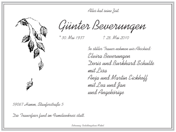 Todesanzeige von Günter Beverungen von WESTFÄLISCHER ANZEIGER