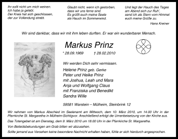 Todesanzeige von Markus Prinz von WESTFÄLISCHER ANZEIGER