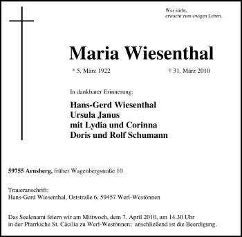 Todesanzeige von Maria Wiesenthal von WESTFÄLISCHER ANZEIGER