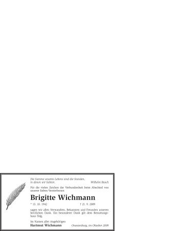Todesanzeige von Brigitte Wichmann von WESTFÄLISCHER ANZEIGER