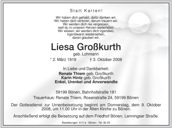 Todesanzeige von Liesa Großkurth von WESTFÄLISCHER ANZEIGER