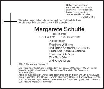 Todesanzeige von Margarete Schulte von WESTFÄLISCHER ANZEIGER