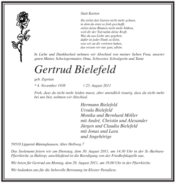 Todesanzeige von Gertrud Bielefeld von WESTFÄLISCHER ANZEIGER