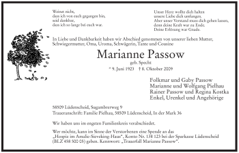 Todesanzeige von Marianne Passow von WESTFÄLISCHER ANZEIGER