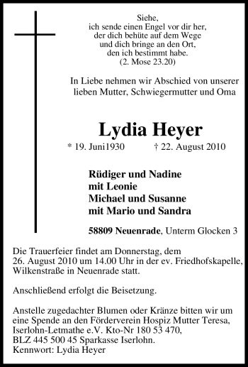 Todesanzeige von Lydia Heyer von WESTFÄLISCHER ANZEIGER