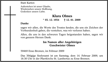 Todesanzeige von Klara Olmes von WESTFÄLISCHER ANZEIGER