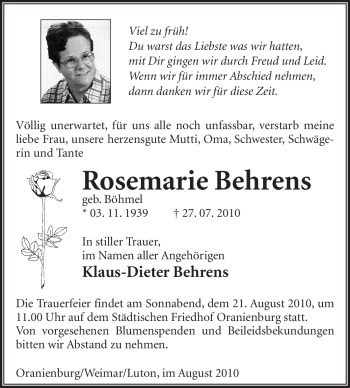Todesanzeige von Rosemarie Behrens von WESTFÄLISCHER ANZEIGER