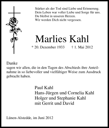 Todesanzeige von Marlies Kahl von WESTFÄLISCHER ANZEIGER