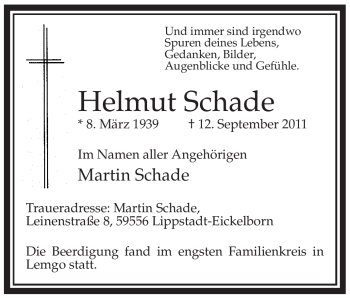 Todesanzeige von Helmut Schade von WESTFÄLISCHER ANZEIGER