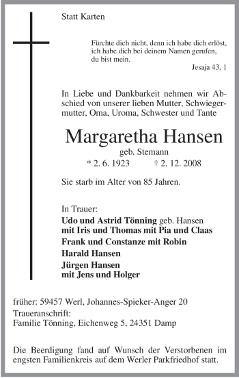 Todesanzeige von Margaretha Hansen von WESTFÄLISCHER ANZEIGER