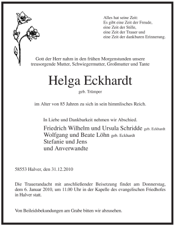 Todesanzeige von Helga Eckhardt von WESTFÄLISCHER ANZEIGER