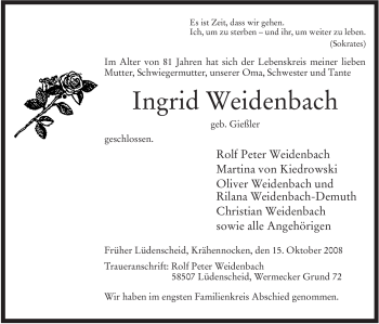 Todesanzeige von Ingrid Weidenbach von WESTFÄLISCHER ANZEIGER