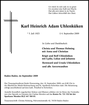 Todesanzeige von Karl Heinrich Adam Uhlenküken von WESTFÄLISCHER ANZEIGER