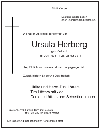Todesanzeige von Ursula Herberg von WESTFÄLISCHER ANZEIGER