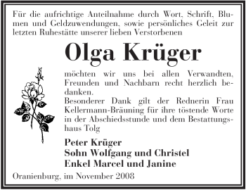 Todesanzeige von Olga Krüger von WESTFÄLISCHER ANZEIGER
