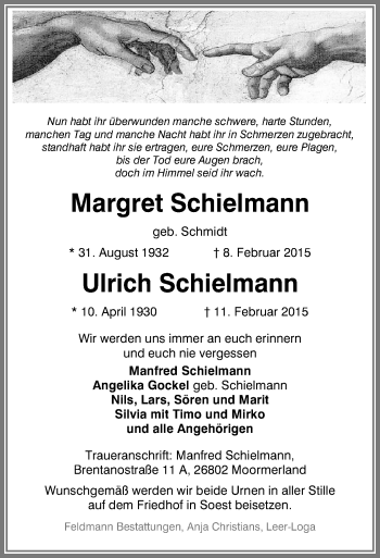 Todesanzeige von Margret und Ulrich Schielmann von MZV