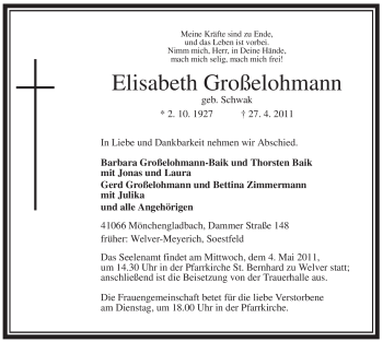 Todesanzeige von Elisabeth Großelohmann von WESTFÄLISCHER ANZEIGER