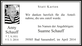 Todesanzeige von Anny Schauff von Westfälischer Anzeiger