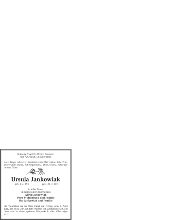 Todesanzeige von Ursula Jankowiak von WESTFÄLISCHER ANZEIGER