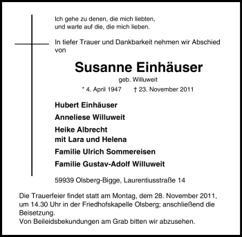 Todesanzeige von Susanne Einhäuser von WESTFÄLISCHER ANZEIGER