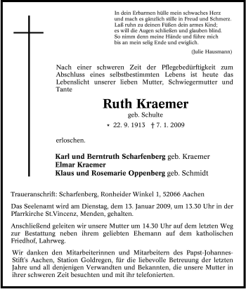 Todesanzeige von Ruth Kraemer von WESTFÄLISCHER ANZEIGER