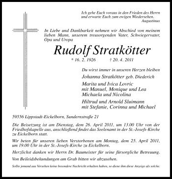Todesanzeige von Rudolf Stratkötter von WESTFÄLISCHER ANZEIGER