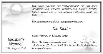 Todesanzeige von Elisabeth Wendel von WESTFÄLISCHER ANZEIGER